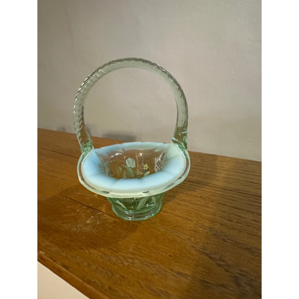Fenton Light Green Opalescent Hand Painted Floral Glass Basket B Mendenhall